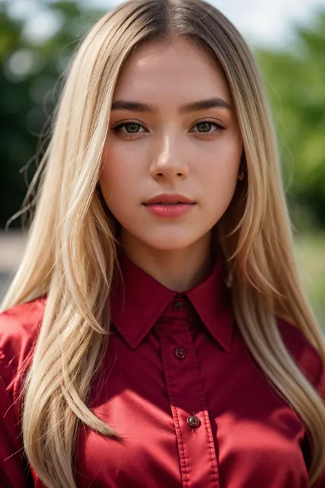 a woman with long blonde hair wearing a red shirt