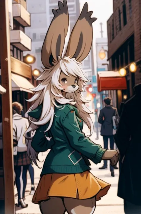 (anthro furry:1.2), VieraCzar, (viera, dark skin, brown eyes, long hair, jacket, skirt, blouse), (city street, from behind, looking back), (masterpiece:1.2), hires, ultra-high resolution, 8K, high quality, (sharp focus:1.2), clean, crisp, cinematic, 