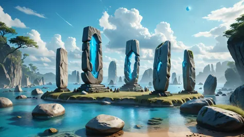 Фотореалистичная подробная цифровая иллюстрация круга стоячих камней, 8К, Плавающие острова на фоне сияющего лазурного неба на заднем плане,, краскаmgc, цин3 д, Каваси и Ичиро Ода, в тренде на artstation  