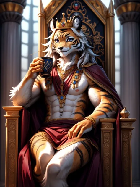 (Ultra-HD-details, discreet, emphasized-details, life-size-body, furry-characteristics) 50mm lens aperture opening of f/4.0 (1boy, solo), male, tiger, muscular, crown, sitting, throne, throne room, holding cup, chalice, ((anime:1.4)), intricate details, hdr, intricate details, Detailed Fluffy Fur, hyperdetailed, natural fur texture, hyperrealism, sharp, (hyperrealistic, cinematic light, depth of field) <lora:GoodHands-beta2_Envy:0.7>