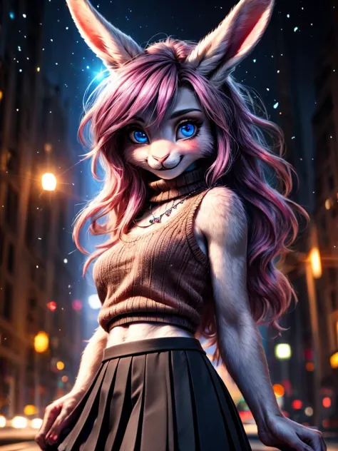 a woman with pink hair and bunny ears is standing in the street