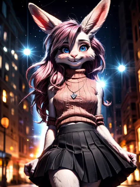 /imagine a photo picture in (Ultra-HD-details, discreet, emphasized-details, life-size-body, cutesie)
50mm lens
aperture opening of f/4.0
(Furry Art : Anthro : Rabbit)
(cinematic light, depth of field, vivid colors like HDR+, sharp focus)
The Bunny youthful top model with very long ears and a very fluffy and silky white fur, she is posing for this image that frames (upper body) in a (night city background with starry night, fantasy, glowing, radiant, (lens flares:1.2)), this top model is
1girl, pink hair, long hair, (Her silky hair sways in the wind), blue eyes, hair between eyes, blush, confident smile, very cute, bangs, medium breasts, delicated feminine hands, (dressing a sweater, turtleneck sweater, (sleeveless), necklace, skirt, pleated skirt, (black skirt), black belt)
Style-DoF, Style-EMCG
\\ Made with ONE FOR ALL checkpoint by Chaos Experience @ https://civitai.com/user/ChaosExperience/ \\