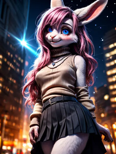 /imagine a photo picture in (Ultra-HD-details, discreet, emphasized-details, life-size-body, cutesie)
50mm lens
aperture opening of f/4.0
(Furry Art : Anthro : Rabbit)
(cinematic light, depth of field, vivid colors like HDR+, sharp focus)
The Bunny youthful top model with very long ears and a very fluffy and silky white fur, she is posing for this image that frames (upper body) in a (night city background with starry night, fantasy, glowing, radiant, (lens flares:1.2)), this top model is
1girl, pink hair, long hair, (Her silky hair sways in the wind), blue eyes, hair between eyes, blush, confident smile, very cute, bangs, medium breasts, delicated feminine hands, (dressing a sweater, turtleneck sweater, (sleeveless), necklace, skirt, pleated skirt, (black skirt), black belt)
\\ Made with ONE FOR ALL checkpoint by Chaos Experience @ https://civitai.com/user/ChaosExperience/ \\
Style-DoF, Style-EMCG