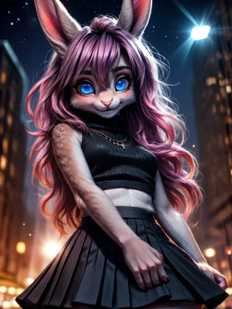 /imagine a photo picture in (Ultra-HD-details, discreet, emphasized-details, life-size-body, cutesie)
50mm lens
aperture opening of f/4.0
(Furry Art : Anthro : Rabbit)
(cinematic light, depth of field, vivid colors like HDR+, sharp focus)
The Bunny youthful top model with very long ears and a very fluffy and silky white fur, she is posing for this image that frames (upper body) in a (night city background with starry night, fantasy, glowing, radiant, (lens flares:1.2)), this top model is
1girl, pink hair, long hair, (Her silky hair sways in the wind), blue eyes, hair between eyes, blush, confident smile, very cute, bangs, medium breasts, delicated feminine hands, (dressing a sweater, turtleneck sweater, (sleeveless), necklace, skirt, pleated skirt, (black skirt), black belt)
Style-DoF, Style-EMCG
\\ Made with ONE FOR ALL checkpoint by Chaos Experience @ https://civitai.com/user/ChaosExperience/ \\