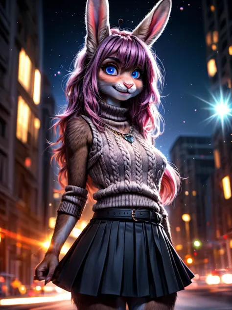 a woman in a skirt and sweater with a cat ears