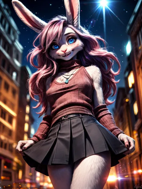 /imagine a photo picture in (Ultra-HD-details, discreet, emphasized-details, life-size-body, cutesie)
50mm lens
aperture opening of f/4.0
(Furry Art : Anthro : Rabbit)
(cinematic light, depth of field, vivid colors like HDR+, sharp focus)
The Bunny youthful top model with very long ears and a very fluffy and silky white fur, she is posing for this image that frames (upper body) in a (night city background with starry night, fantasy, glowing, radiant, (lens flares:1.2)), this top model is
1girl, pink hair, long hair, (Her silky hair sways in the wind), blue eyes, hair between eyes, blush, confident smile, very cute, bangs, medium breasts, delicated feminine hands, (dressing a sweater, turtleneck sweater, (sleeveless), necklace, skirt, pleated skirt, (black skirt), black belt)
Style-DoF, Style-EMCG
\\ Made with ONE FOR ALL checkpoint by Chaos Experience @ https://civitai.com/user/ChaosExperience/ \\