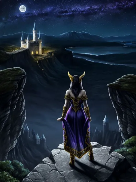 from above, beautiful sorceress lay in ornate purple dress standing on cliff, scenery, rocks, castle on distance, dark fantasy, ...