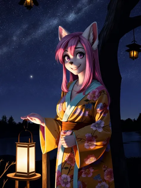 1girl, flower, long hair, kimono, outdoors, night, purple eyes, night sky, lantern, pink hair, long hair, smile, starry sky, ani...