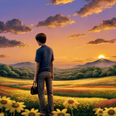 ghibli, sunset, flower field, no human, blue sky, cloud,