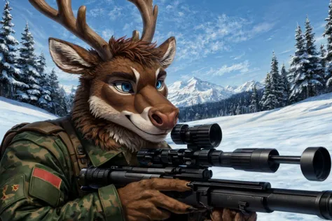 (cartoon), (anthro furry:1.4), male, reindeer, sniper, soviet, military uniform, aiming, sniper scope, sniper rifle, forest, (ma...