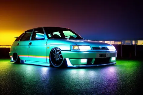 a close up of a car parked on a parking lot at night