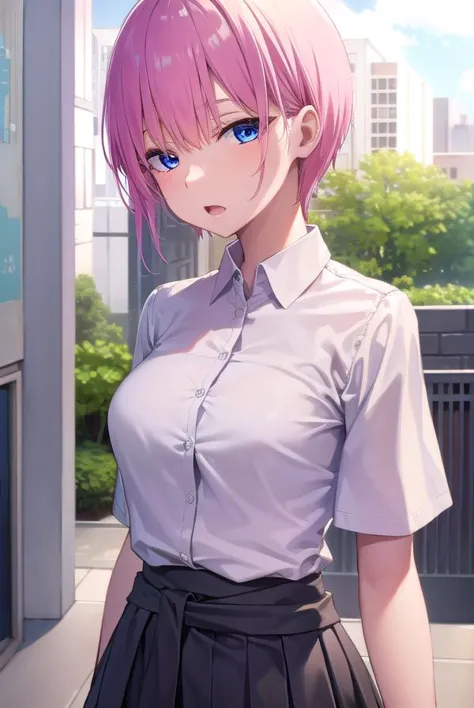 ichikanakano, <lyco:ichikanakano-lyco-nochekaiser:1>, 
ichika nakano, short hair, bangs, blue eyes, hair between eyes, pink hair, <lora:sensualface_type2:1>, open mouth,
BREAK skirt, shirt, school uniform, white shirt, short sleeves, pleated skirt, shoes, socks, collared shirt, black footwear, sweater, white socks, green skirt, loafers, clothes around waist,
BREAK looking at viewer, 
BREAK indoors, classroom,
BREAK <lyco:GoodHands-beta2:1>, (masterpiece:1.2), best quality, high resolution, unity 8k wallpaper, (illustration:0.8), (beautiful detailed eyes:1.6), extremely detailed face, perfect lighting, extremely detailed CG, (perfect hands, perfect anatomy),