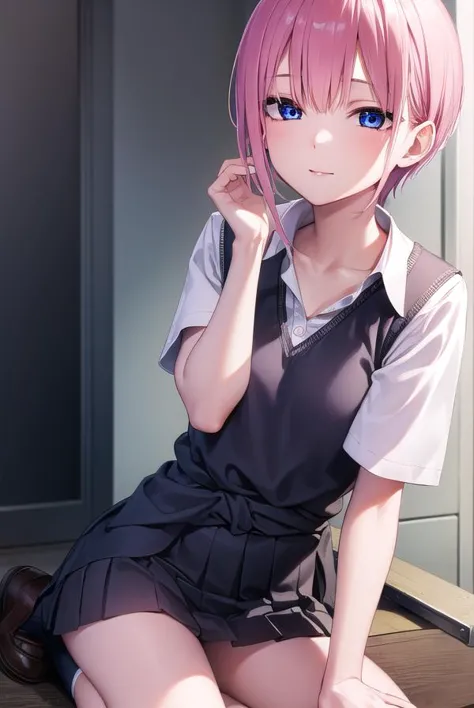 ichikanakano, <lyco:ichikanakano-lyco-nochekaiser:1>, 
ichika nakano, short hair, bangs, blue eyes, hair between eyes, pink hair, <lora:sensualface_type2:1>, smile,
BREAK skirt, shirt, school uniform, white shirt, short sleeves, pleated skirt, shoes, socks, collared shirt, black footwear, sweater, white socks, green skirt, loafers, clothes around waist,
BREAK looking at viewer, fully body, upper body,
BREAK indoors, classroom,
BREAK <lyco:GoodHands-beta2:1>, (masterpiece:1.2), best quality, high resolution, unity 8k wallpaper, (illustration:0.8), (beautiful detailed eyes:1.6), extremely detailed face, perfect lighting, extremely detailed CG, (perfect hands, perfect anatomy),