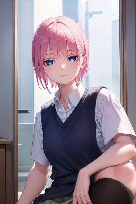 anime girl with pink hair sitting on a window ledge