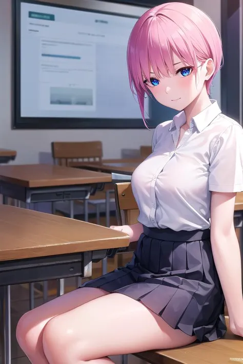 anime girl sitting on a desk in a classroom with a laptop