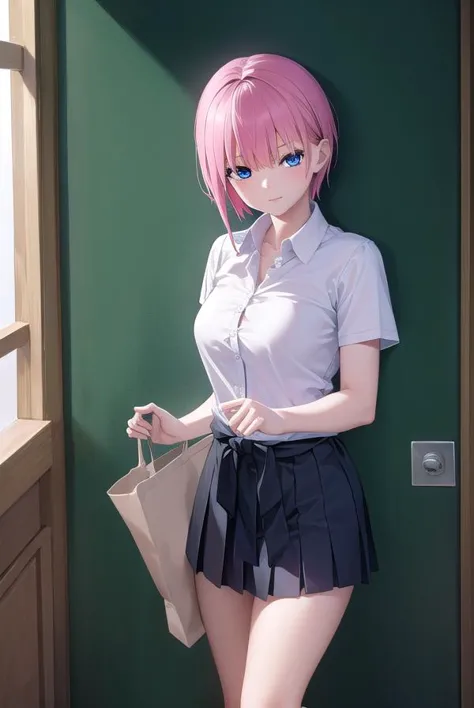 ichikanakano, <lyco:ichikanakano-lyco-nochekaiser:1>, 
ichika nakano, short hair, bangs, blue eyes, hair between eyes, pink hair, <lora:sensualface_type2:1>, smile,
BREAK skirt, shirt, school uniform, white shirt, short sleeves, pleated skirt, shoes, socks, collared shirt, black footwear, sweater, white socks, green skirt, loafers, clothes around waist,
BREAK looking at viewer, fully body, upper body,
BREAK indoors, classroom,
BREAK <lyco:GoodHands-beta2:1>, (masterpiece:1.2), best quality, high resolution, unity 8k wallpaper, (illustration:0.8), (beautiful detailed eyes:1.6), extremely detailed face, perfect lighting, extremely detailed CG, (perfect hands, perfect anatomy),