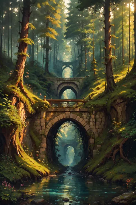 a painting of a bridge in a forest with a stream