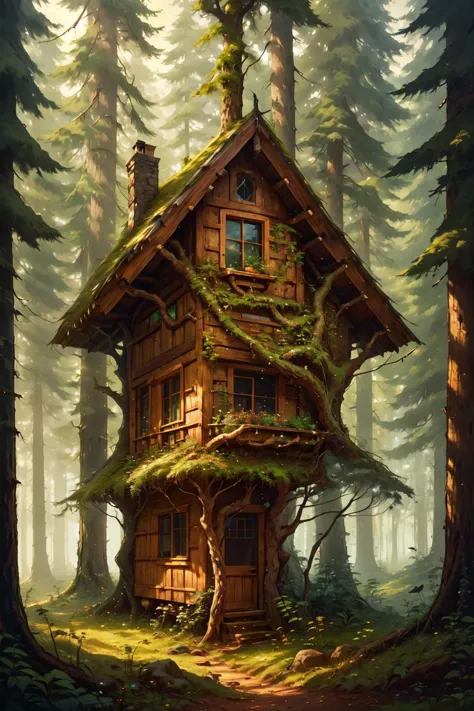 a painting of a small house in the woods with a mossy roof