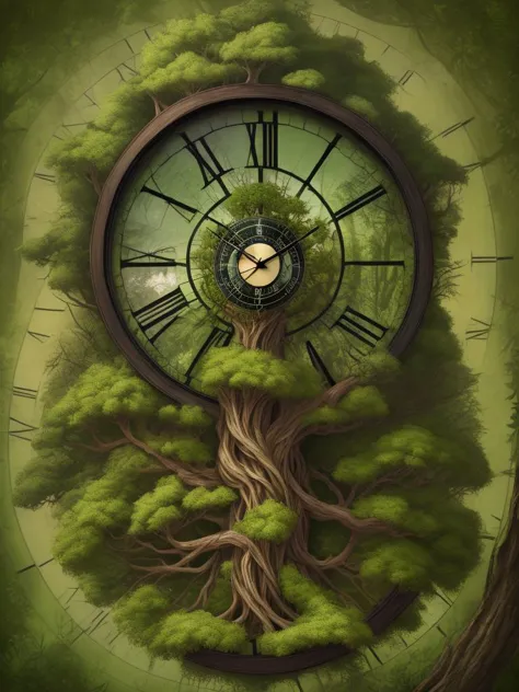 a close up of a clock with a tree growing out of it