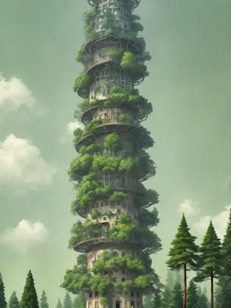 a tall tower with a lot of trees growing on top of it