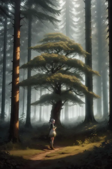 a man standing in the middle of a forest with a tree