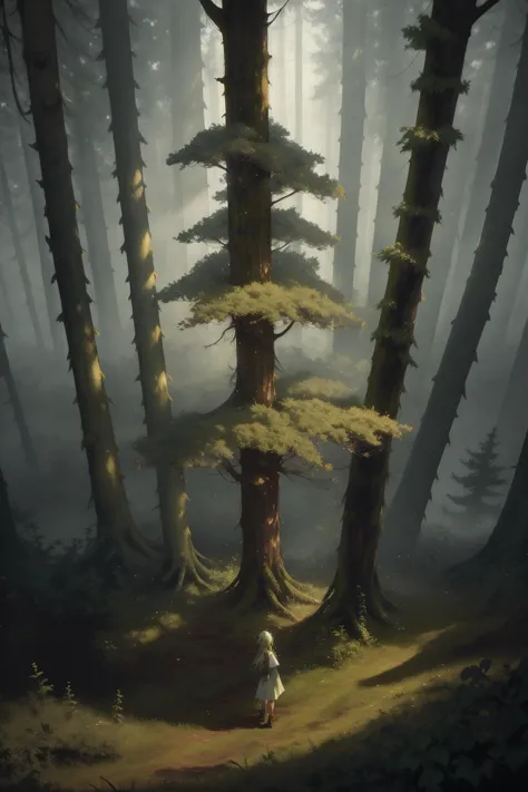 a person walking through a forest with tall trees