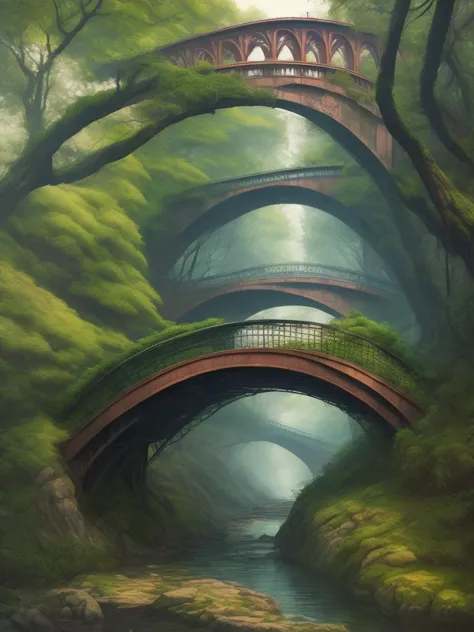 painting of a bridge over a stream in a forest with a bridge in the background