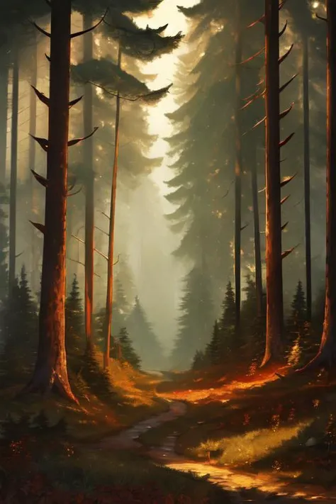 a painting of a forest with a path in the middle