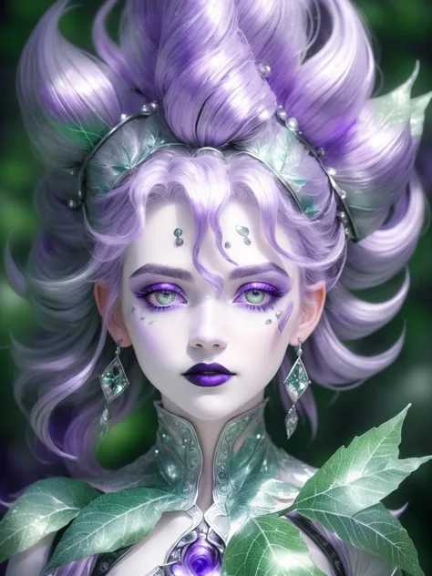 a close up of a woman with purple hair and green leaves