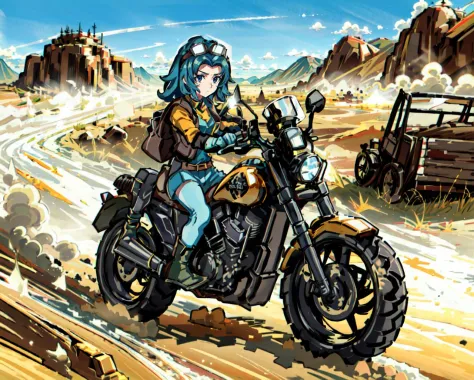 (masterpiece,best quality:1.4),1girl,hunterf,bodystocking,long sleeves,vest,(wearing goggles:1.3),riding motorcycle,in desert,dust,speeding, 