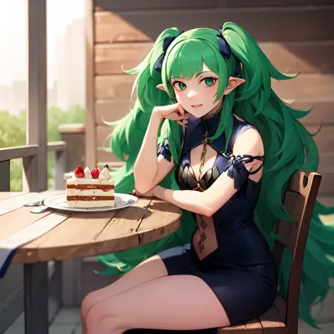 masterpiece, best quality, absurdres, 1girl, sothis, sitting on a table with cake on a plate, 