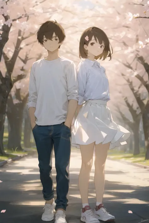 veiling glare, 1girl, 1boy, skirt, brown hair, cherry blossoms, outdoors, shirt, pants, arms behind back, white skirt, hairclip,...