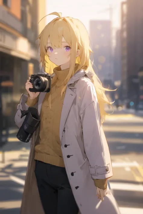 veiling glare, 1girl, solo, blonde hair, long hair, camera, looking at viewer, pants, coat, outdoors, sweater, open coat, ahoge,...