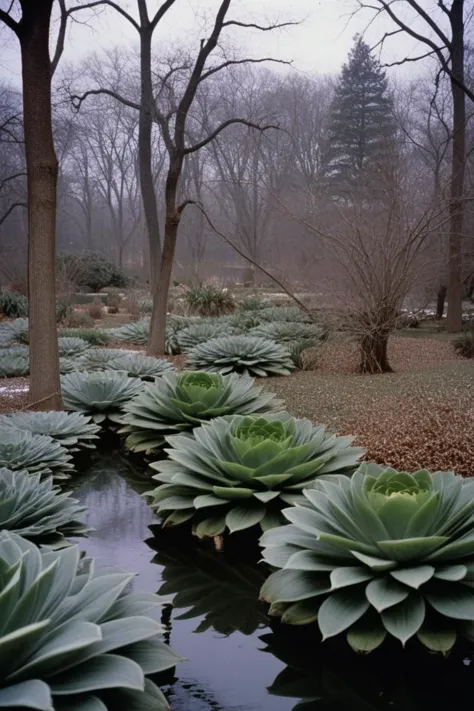 photograph, landscape of a Botanical garden, Winter, art by William S. Burroughs, Fujichrome Provia 100F, 80mm, grim