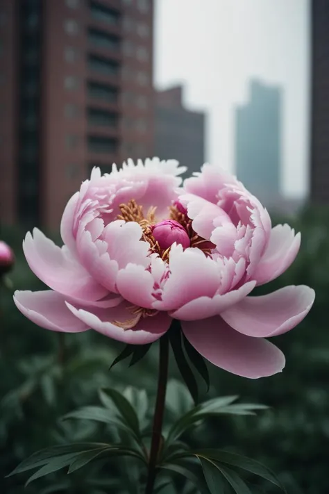 photograph, cinematic shot of a (Peony:1.1) , desolate cityscape, at Midday, Bokeh, Vaporpunk, Canon R5, 35mm, (designed by Reylia Slaby:0.7) , ethereal