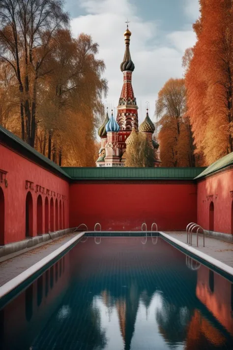 photograph, landscape of a Atmospheric Red Square and Historical Swimming pool, Fall, (stylized by Boris Kustodiev:1.0) , intricate background, Cinestill, Cinestill 50, F/2.8, cityscape