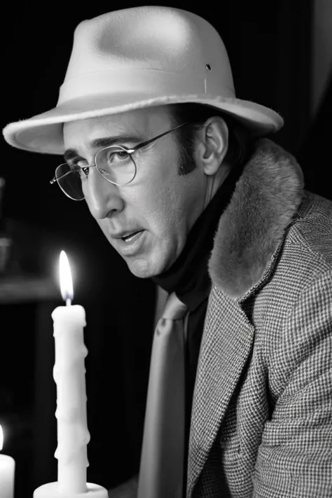 photograph, shot from behind of a Awe-Inspiring (Nicolas Cage:1.1) , he is dressed in Trapper hat, his Trapper hat is tailored by Marc Jacobs and Thom Browne, looking away from camera, Psychedelic and Vivid Horn-rimmed glasses, Candle light, Cinestill, Son...