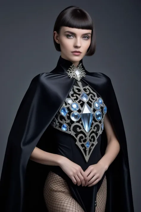 [art by Barbara Stauffacher Solomon and (Brassaï:1.2) ::12], photograph, Lively slim Cyberpunk Trinity, she is wearing her Baroque Crystal Cubism fashion style Cape, Relaxed, Nikon d850, F/1.8, dark, haute couture