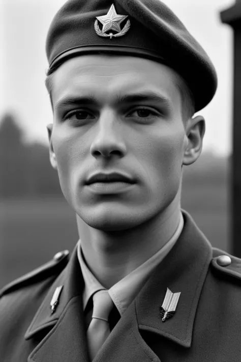 stylized by Natalia Rak and Grete Stern, photograph, well-built Male Soldier, Caramel hair, Sharp and in focus, Depressing, soft lighting, film grain, Fujifilm Neopan 100, Depth of field 270mm, photorealism