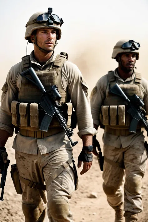 photography, photojournalism, ultrarealistic, modern warfare, two well-built Male Soldiers during battle, depressing, war weary, dust, dirt, scuffs, Sharp, in focus, soft lighting, film grain, highly detailed, Depth of field 270mm, <lora:repair_slider:1> <...