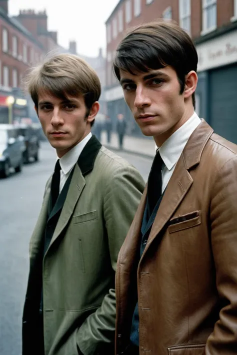 photography, photojournalism, two slim well dressed British Male Mods, in the style of (Quadrophenia:1.8), (Northern Soul:1.1), Modernist British hair styles, dusty streets, pollution, smog, Sharp, in focus, soft lighting, film grain, highly detailed, Dept...