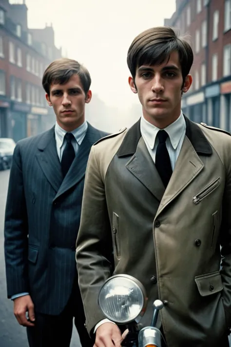 photography, photojournalism, ultrarealistic, two slim well dressed British Male Mods, in the style of (Quadrophenia:1.8), (Northern Soul:1.1), Modernist British hair styles, dusty streets, pollution, smog, Sharp, in focus, soft lighting, film grain, highl...
