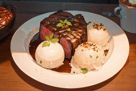 (best art,nature light,warm light,:1.5),((2 perfectly detailed mashed potatoes balls,Slightly rough food surface,1 large hot chunks of steak, thick cut, light brown flowing delicious gravy from the top, soft and juicy meat, a little fat, grill marks on steak surface:1.5)),Grilled asparagus on top of steak, food in a clean white plate, hot steam, no humans, food, food focus, fresh,<lora:[LoConLoRA] DunchTea-Timeä¸åè¶ Concept:0.7> <lora:acid_fluid_lora:0.2>