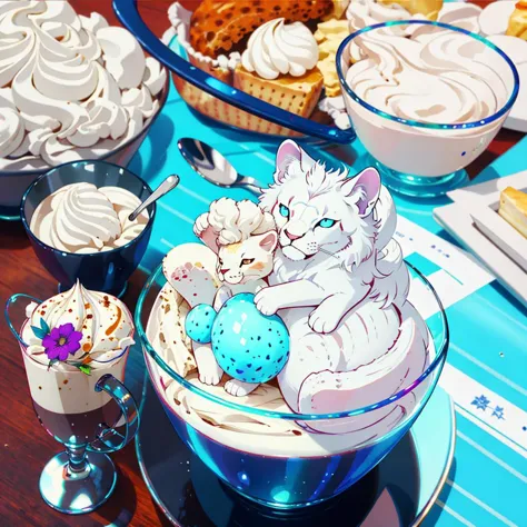 there is a table with a bowl of desserts and a cat figurine