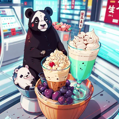 panda bear sitting on a table with a bowl of fruit and a cup of coffee