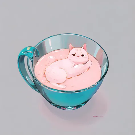 there is a white cat sitting in a cup of liquid