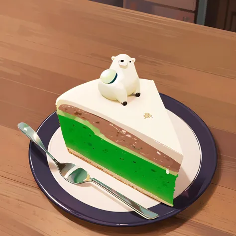 food, dunch, food focus, polar bear, no humans, bear, plate, fork, green cake slice, simple background, <lora:dunch-000016:1>