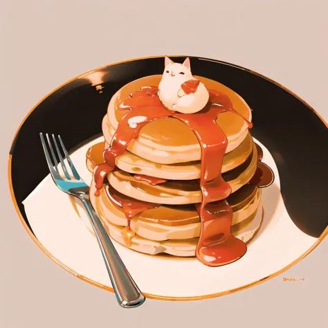 araffe pancakes with syrup and a cat on top of them