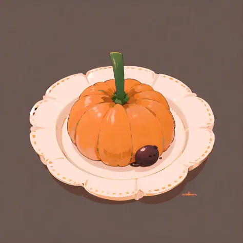 there is a plate with a small pumpkin on it