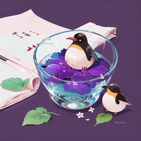 there are two penguins sitting in a bowl of water with purple flowers